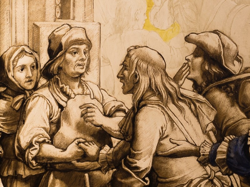 Detail des Glasfensters mit der Darstellung des Hugenotteneinzugs 1686